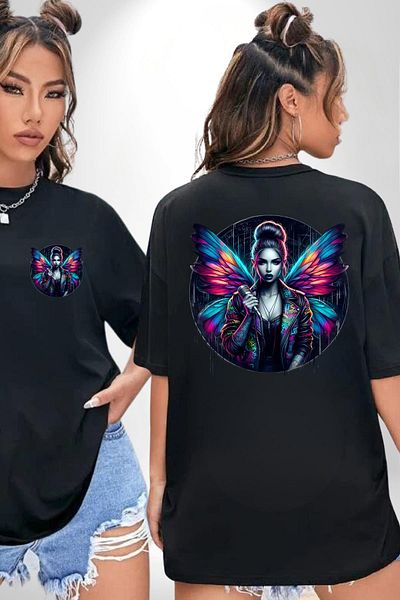 Angemiel Energetic Street Style Winged Design Black Oversize Women's Men's Front and Back Printed T-Shirt