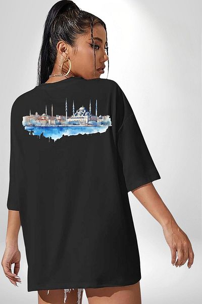 Angemiel Sultanahmet Mosque and Strait Illustration Black Oversize Women's Men's Front and Back Printed T-Shirt