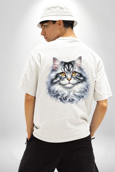 Angemiel Norwegian Forest Cat White Oversize Women's Men's Front and Back Printed T-Shirt