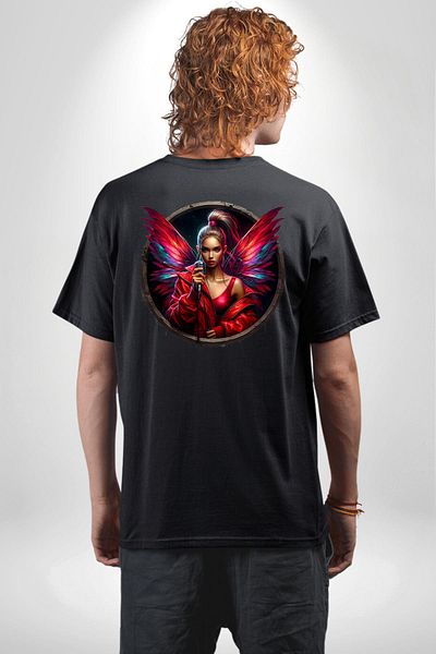 Angemiel Black Oversize Women's Men's Front and Back Printed T-Shirt with Microphone Women Singer Design