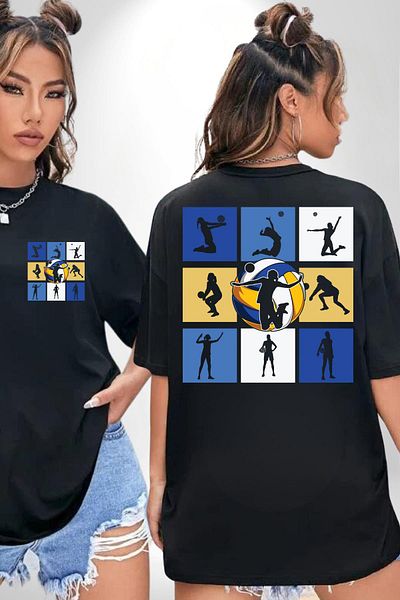Angemiel Volleyball Silhouette Collage Patterned Black Oversize Women's Men's Front and Back Printed T-Shirt