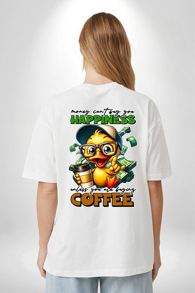 Angemiel Coffee for Happiness White Oversize Women's Men's Front and Back Printed T-Shirt