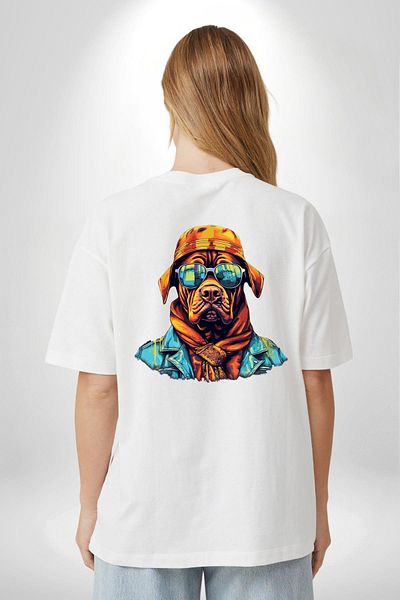 Angemiel تي شيرت Orange Bandana Cool Dog أبيض كبير الحجم للنساء والرجال مطبوع من الأمام والظهر