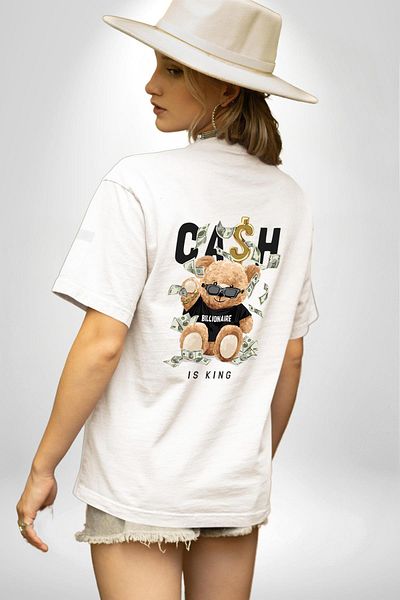 Angemiel Cash King Bear Billionaire Design White Oversize Women Men Front and Back Printed T-Shirt