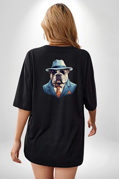 Angemiel City Gentleman  Bulldog Black Oversize Women's Men's Front and Back Printed T-Shirt