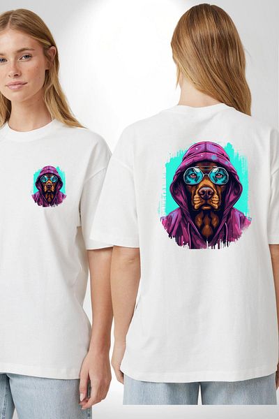 Angemiel تي شيرت مطبوع من الأمام والظهر للنساء والرجال باللون الأزرق مع نظارات Charismatic Dark Style Dog باللون الأبيض