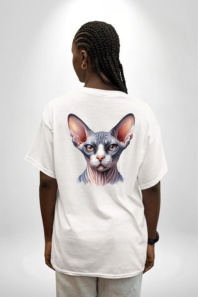 Angemiel تي شيرت مطبوع عليه Sphinx Cat White مقاس كبير للنساء والرجال من الأمام والظهر مع تعبير غامض