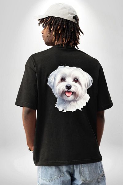Angemiel Cute Maltese Dog Design Black Oversize Women Men Front and Back Printed T-Shirt