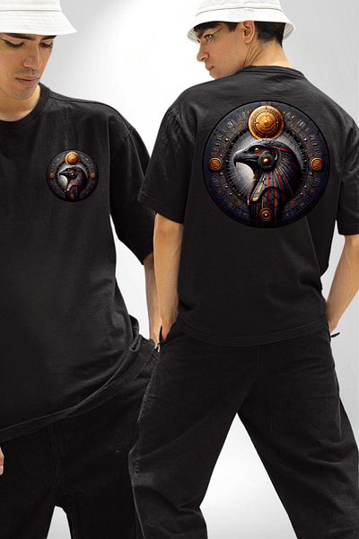 Angemiel God of the Sky and Light Ra Egyptian Black Oversize Women's Men's Front and Back Printed T-Shirt