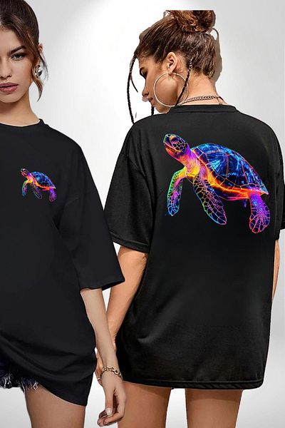 Angemiel Neon Turtle Black Oversize Women's Men's Front and Back Printed T-Shirt