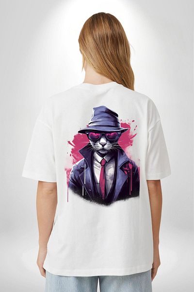 Angemiel Cool Detective Cat White Oversize Women's Men's Front and Back Printed T-Shirt