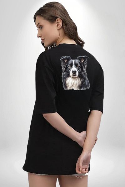 Angemiel Sweet Border Collie Energetic Clever Dog Design Black Oversize Women Men Front and Back Printed T-Shirt