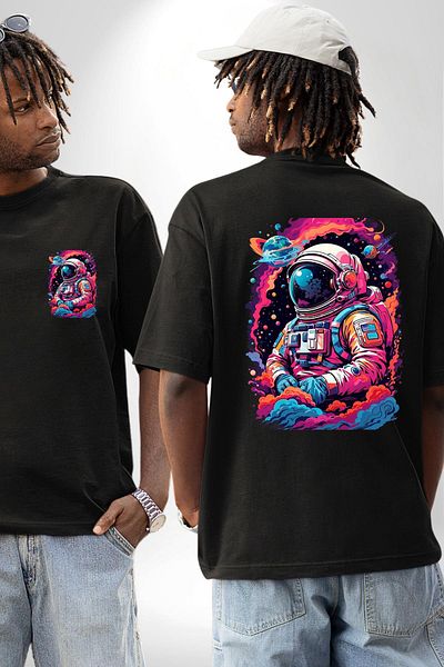 Angemiel Colorful Galaxy Astronaut Space and Loneliness Black Oversize Women's Men's Front and Back Printed T-Shirt