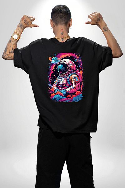 Angemiel Colorful Galaxy Astronaut Space and Loneliness Black Oversize Women's Men's Front and Back Printed T-Shirt
