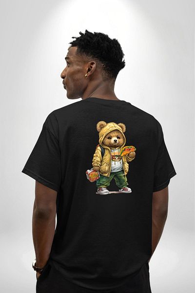 Angemiel Taco and Burger Fast Food Themed Teddy Bear Black Oversize Women's Men's Front and Back Printed T-Shirt