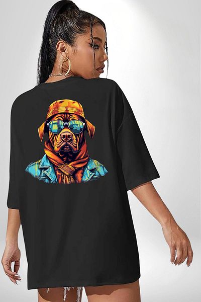 Angemiel Cool Dog with Orange Bandana Black Oversize Women's Men's Front and Back Printed T-Shirt