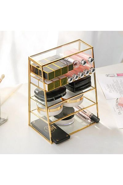 EsaDesign منظم مكياج زجاجي بإطار نحاسي - رف ذو 5 طبقات مع قاعدة مرآة |   23x18x11 سم