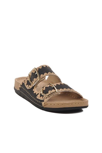 BENTO 41001 Women's Double Buckle Embroidered Comfort Slippers