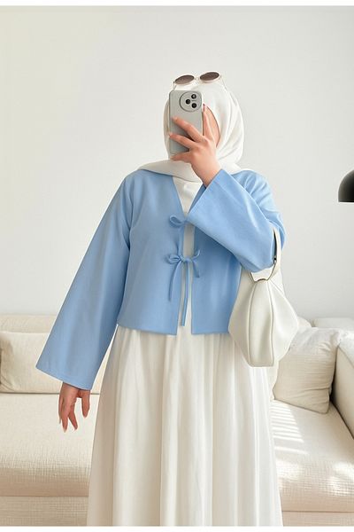 Giyim Gezegeni Cămașă kimono albastră cu 2 șireturi cu legare în față Hijab modern Combinație elegantă Fusta de sezon nou Kimono