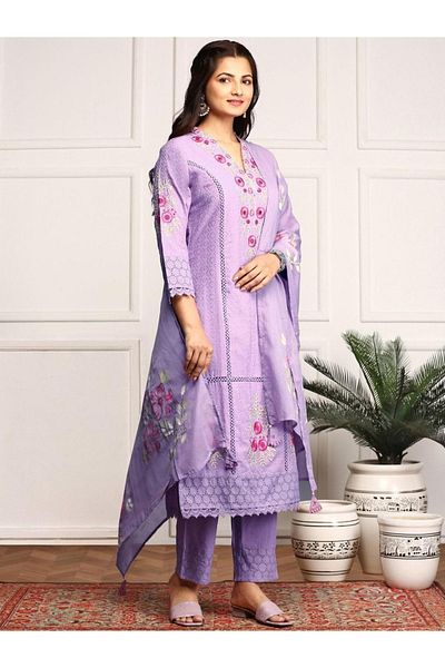 Ishin By Styli Embroidered Cotton Kurta with Trousers and Dupatta Set