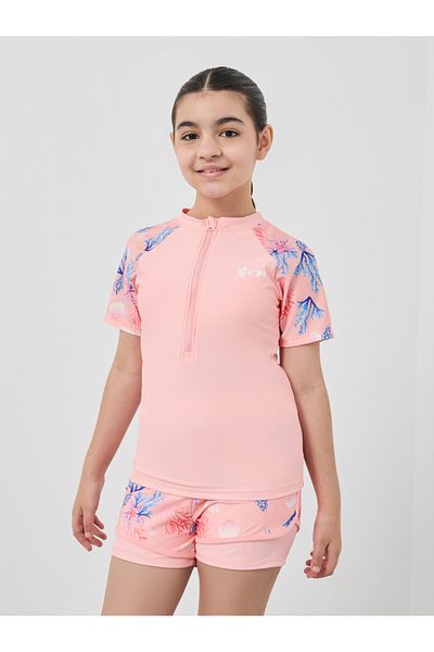 Styli Girls Coral Printed Raglan Sleeve Swimsuit