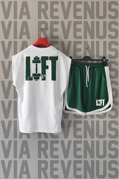 Vordevia Lift Back Printed Zero Sleeve Sports Tshirt and Green Shorts Sports Set