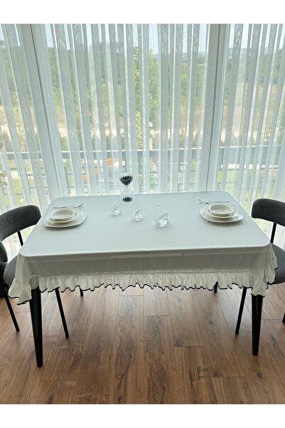 ARS DT Beyaz Keten Masa Örtüsü Fırfırlı Biye Görünümlü Dekoratif