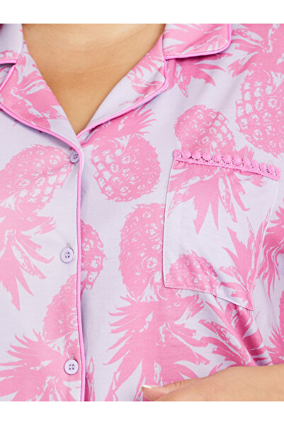 Styli Plus Size All-Over Pineapple Print Pompom Pocket Shirt and Pyjama Set