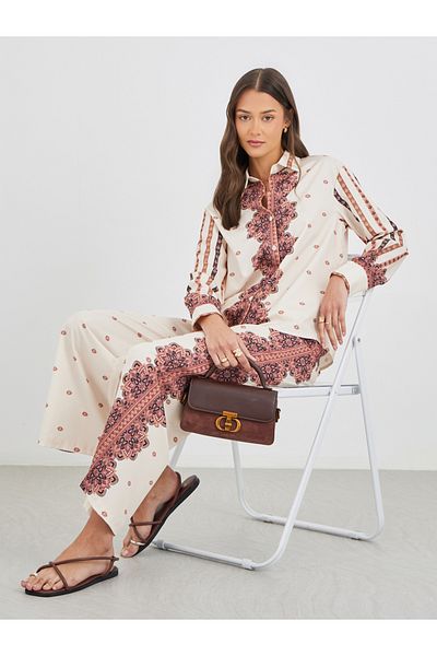 Styli Printed Long Sleeve Shirt and Wide Leg Pants Co-Ords