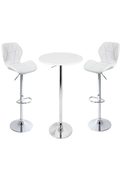 AWF AL WADI FURNITURE Rixo 3 Piece Adjustable Round Mdf Wood Bar Table Set & 2 Diamond Style Pu Leather Bar Chairs, White