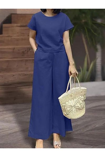 Take Two By Styli Solid Short Sleeve Top and Wide Leg Pants Co-Ords