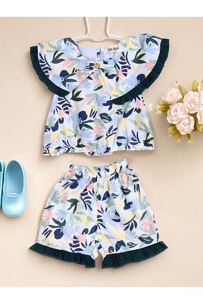 Bella Moda By Styli Printed Ruffled Detail Sleeveless Top and Shorts Set