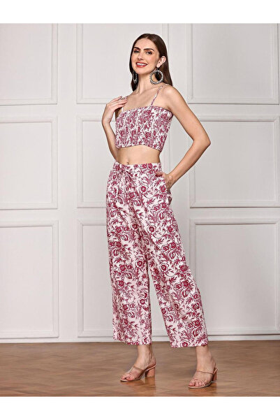 Ishin By Styli Floral Print Smocked Crop Top with Pants and Tunic Co-Ords