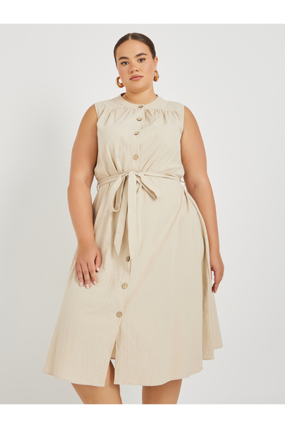 Styli Plus Size Sleeveless Buttoned Midi Dress with Tie-Up Belt Detail
