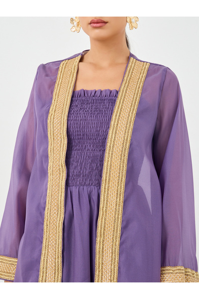 Keenly By Styli Lace Trim Open Front Kimono with Smocking Detail Dress Set