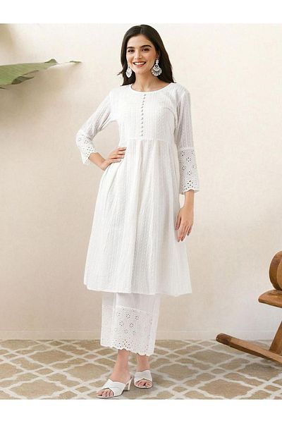 Ishin By Styli Lace Buttoned A-Line Kurta with Trousers Set