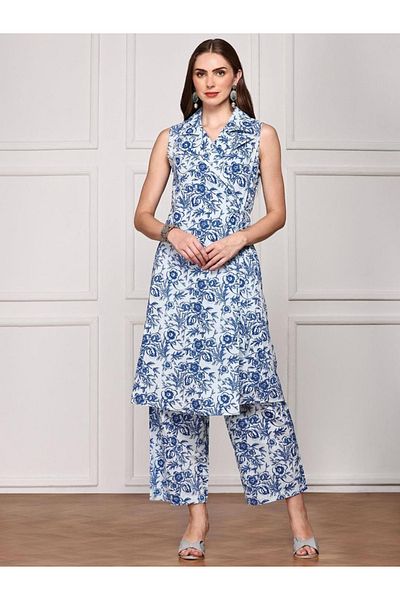 Ishin By Styli Floral Print Smocked Crop Top with Pants and Tunic Co-Ords