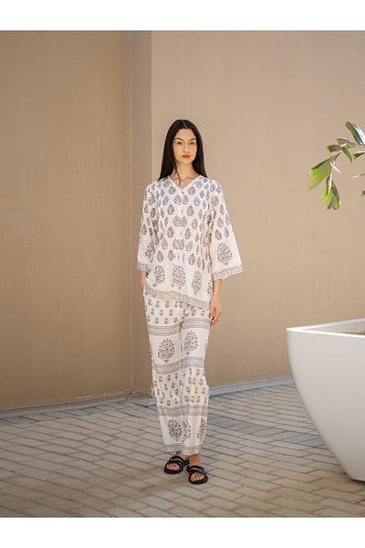 Sanskrutihomes By Styli Ethnic Motifs Printed -Neck Top and Pants Co-Ords