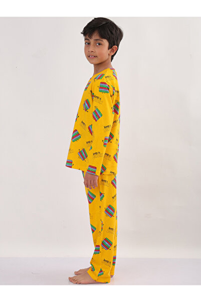 Anthrilo By Styli Boys Yellow All-Over Print Long Sleeve T-Shirt and Pyjama Set