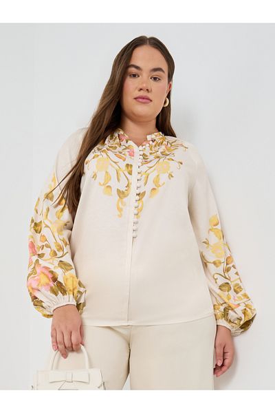 Styli Plus Size Floral Print Balloon Sleeve Shirt with Self-Covered Buttons