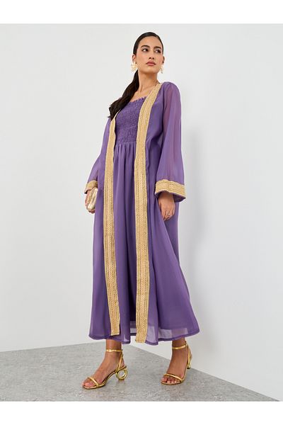 Keenly By Styli Lace Trim Open Front Kimono with Smocking Detail Dress Set