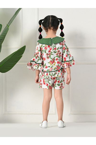Bella Moda By Styli Printed Ruffled Hem Round Neck Top and Shorts Set