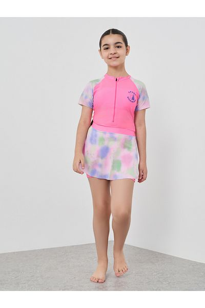 Styli Girls Pink Printed Raglan Sleeve Swimsuit