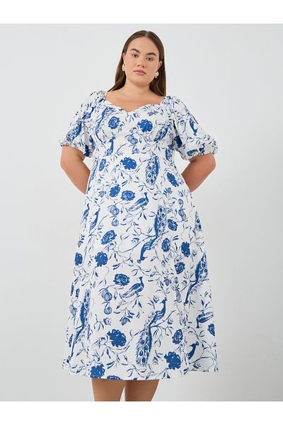 Styli Plus Size Puff Sleeve Printed Midi Dress