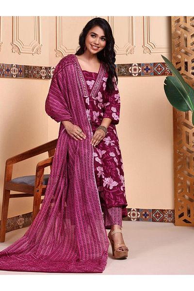 Ishin By Styli Floral Print Cotton Kurta with Trousers and Dupatta Set