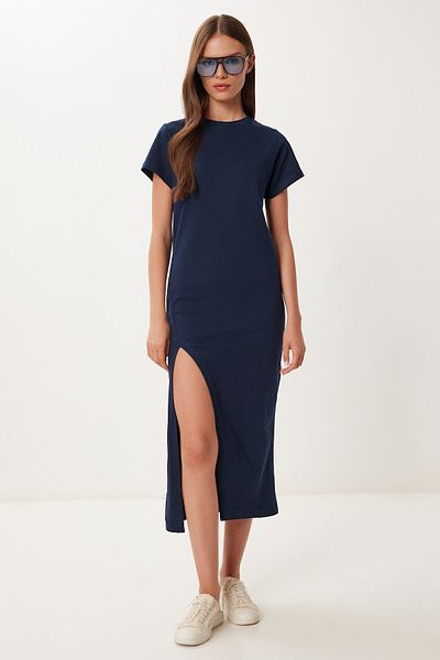 Lovelyİstanbul Slit Flexible Knitted Midi Dress Dark Blue Lub0123