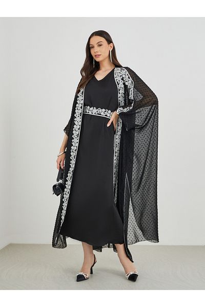 Keenly By Styli Lace Trim Open Front Kimono with Maxi Dress Set