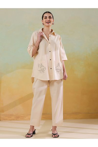 Sanskrutihomes By Styli Embroidered Spread Collar Cotton Shirt with Trousers Set