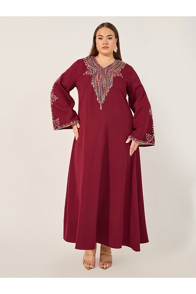 Styli Burgundy Rhinestone Details Embroidered Maxi Jalabiya