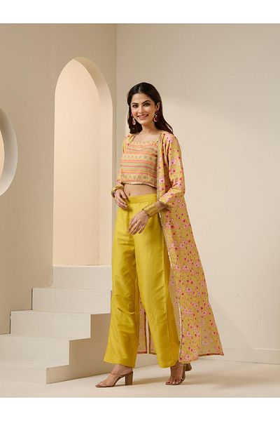 Ishin By Styli Printed Crop Top and Jacket with Trousers Set